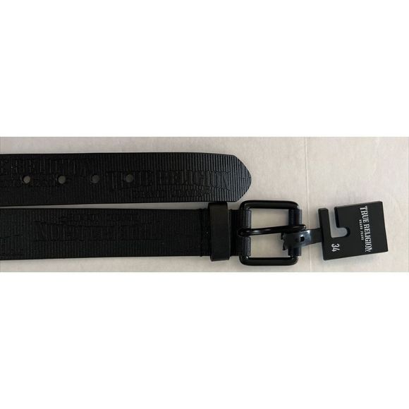 True Religion Men's Sz 34 Black Van Belt w/Textured Logo Repeat & Roller Buckle - Picture 7 of 8